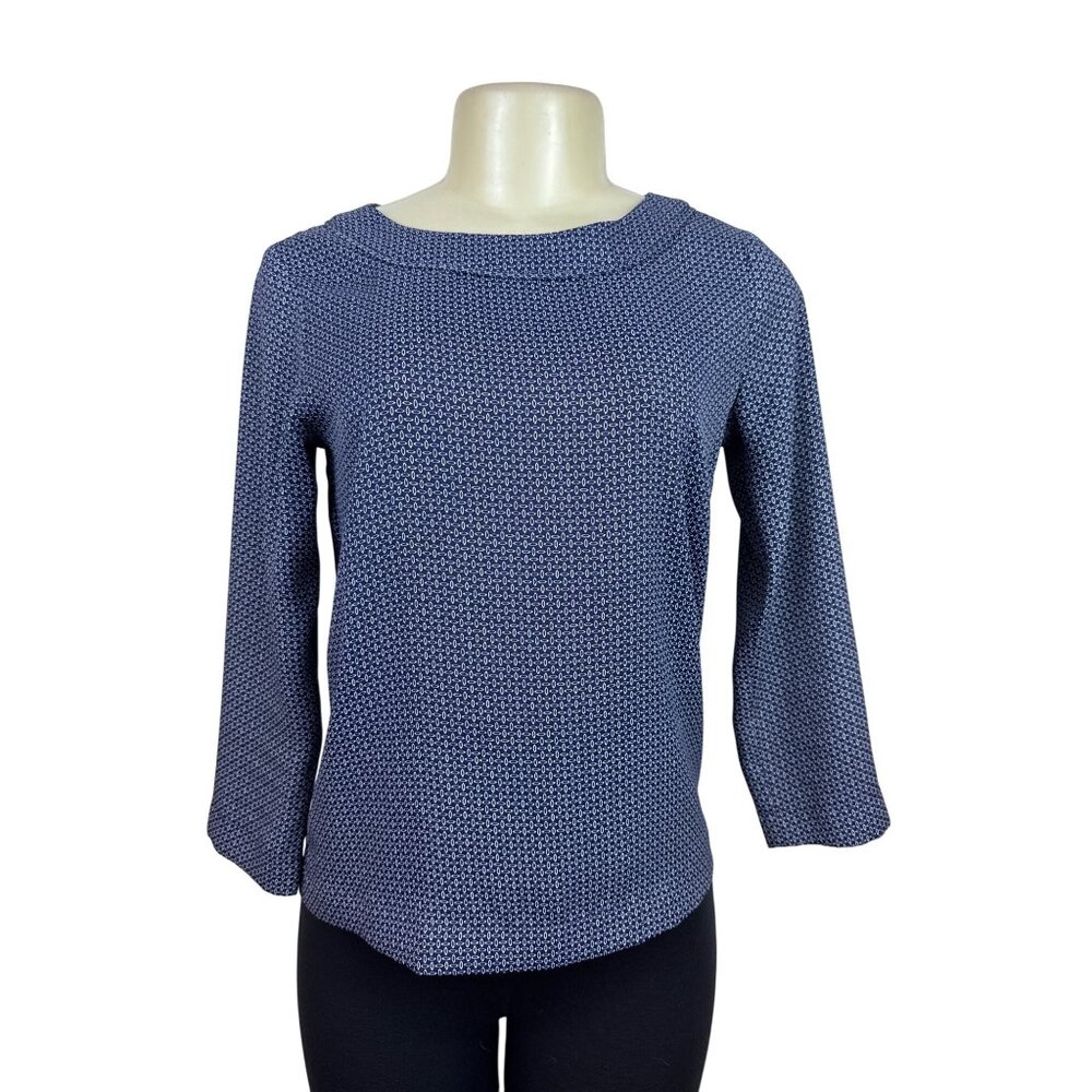 Loft Womens Navy/White Geometric Print Blouse 3/4 Sleeves Sz XXS